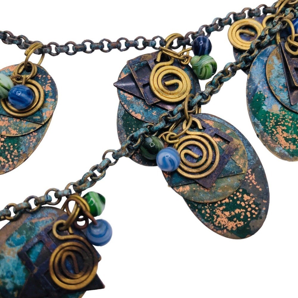 Artisan Copper Disc Dangle Statement Necklace Ear… - image 5